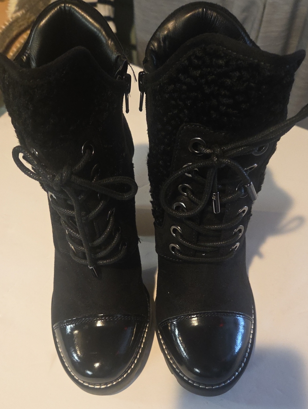 Guess Black Lace-Up Ankle Boots with Patent Cap Toe